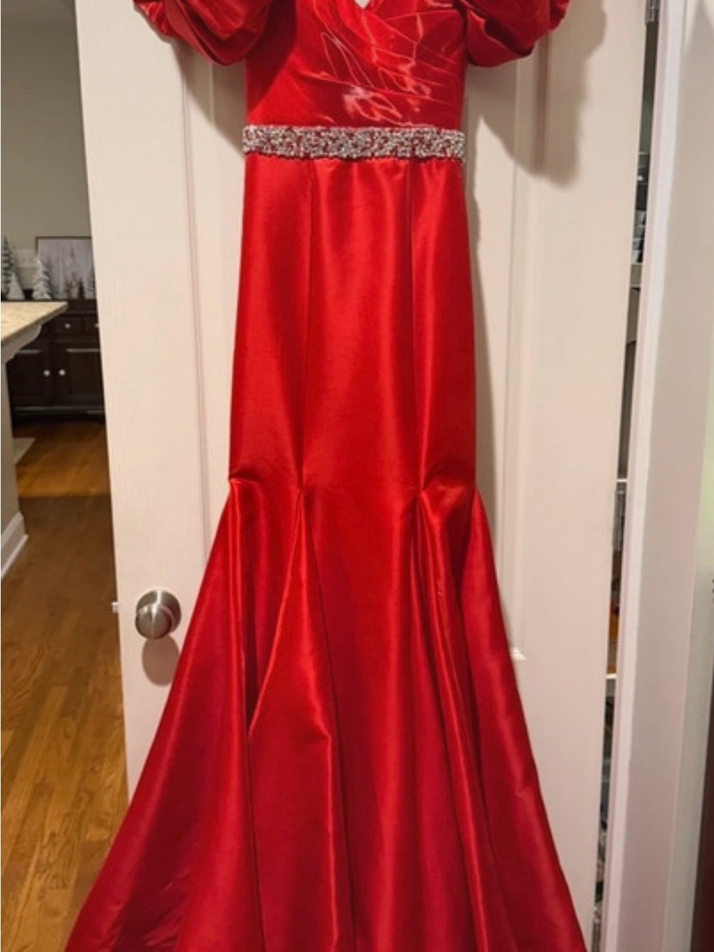 Elegant Red Satin Evening Gown with Beaded Waist